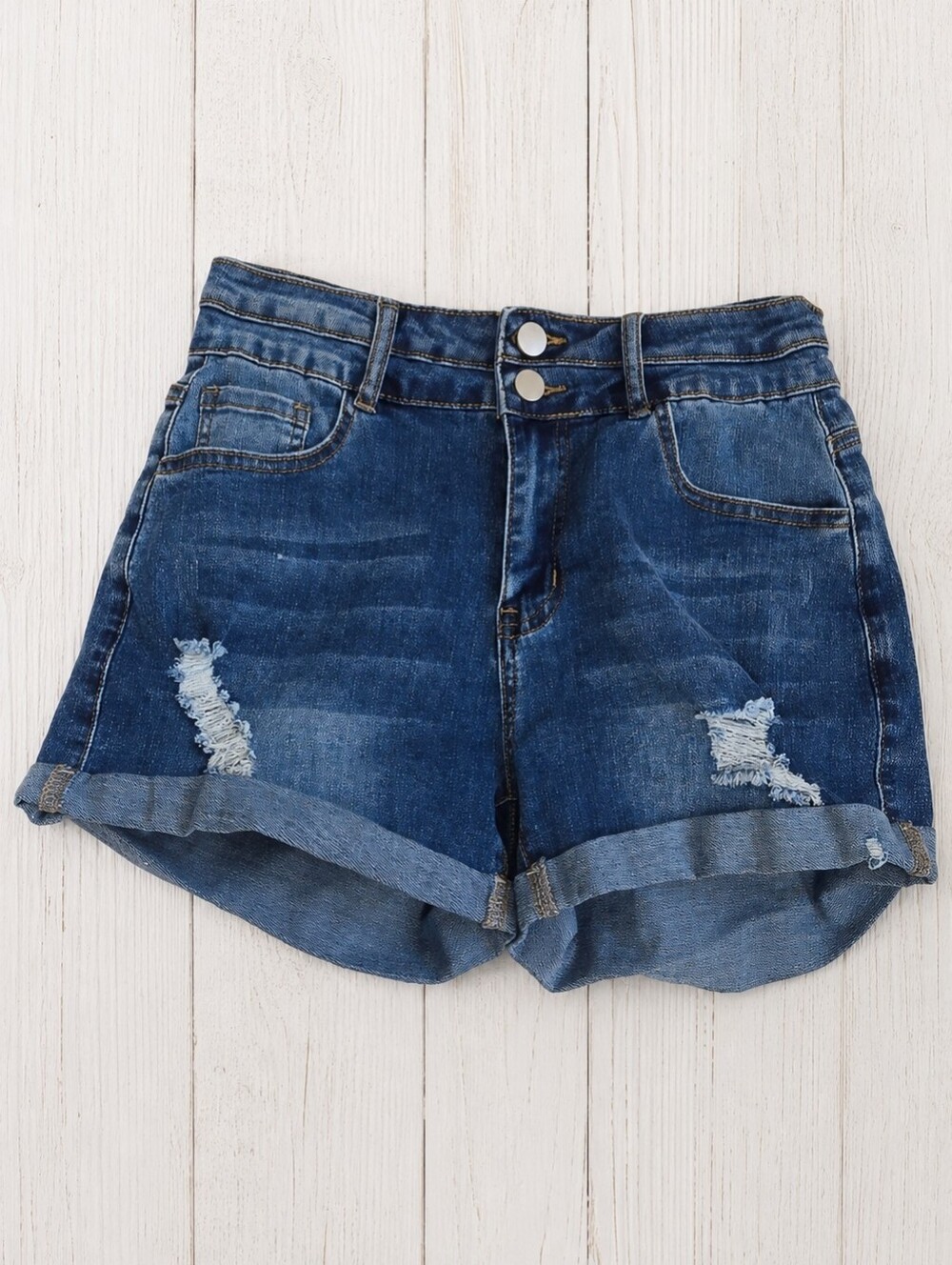 Classic High-Waist Distressed Denim Shorts - Dark Blue Size M 28